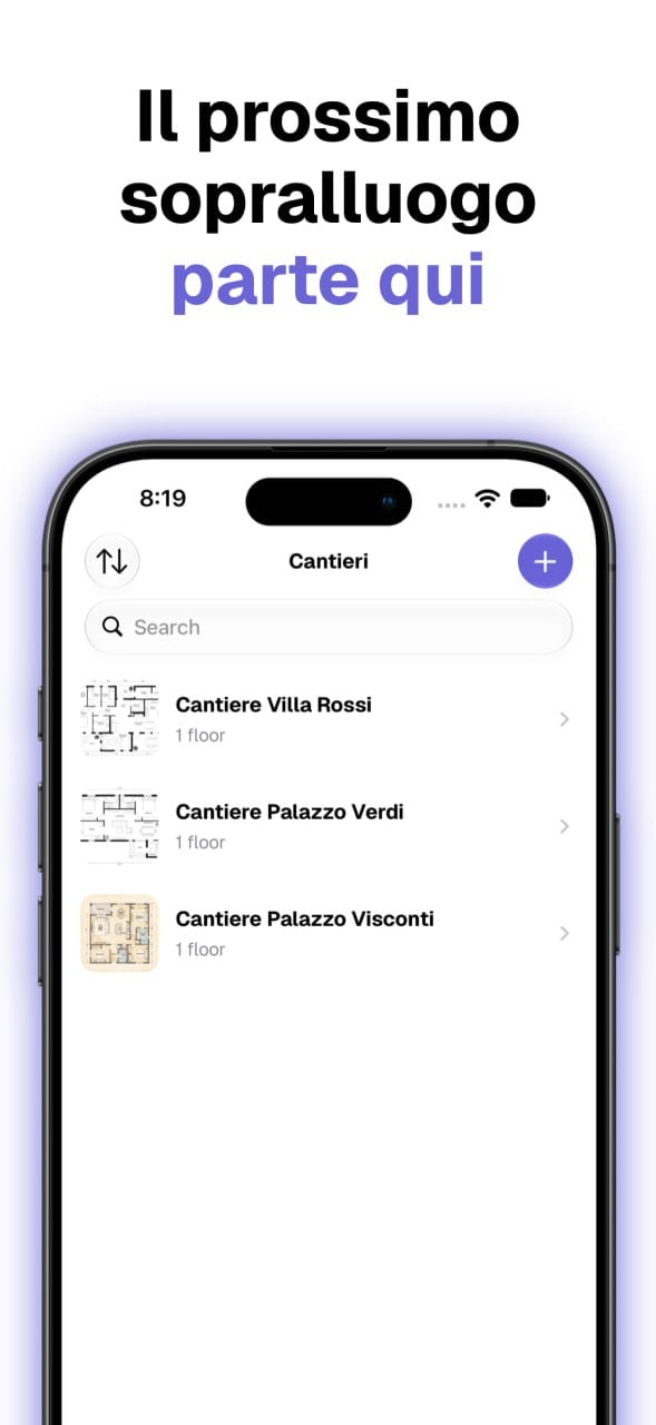 Elenco dei cantieri nell'app Pratifly